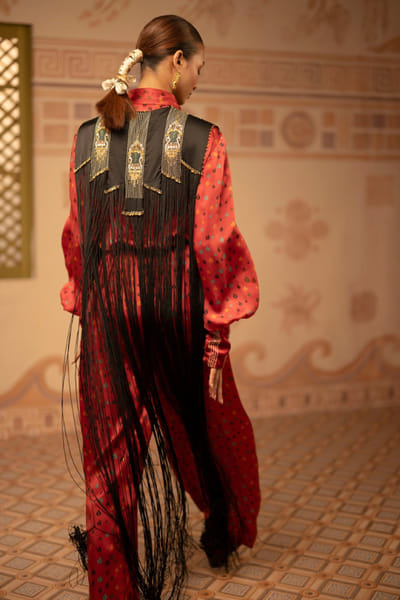 Anuradha Deb Black-red printed floral embroidered cape set ANURJUL26D149967