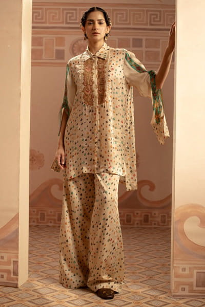 Anuradha Deb Ivory printed zardosi embroidered tunic set ANURJUL26D149972