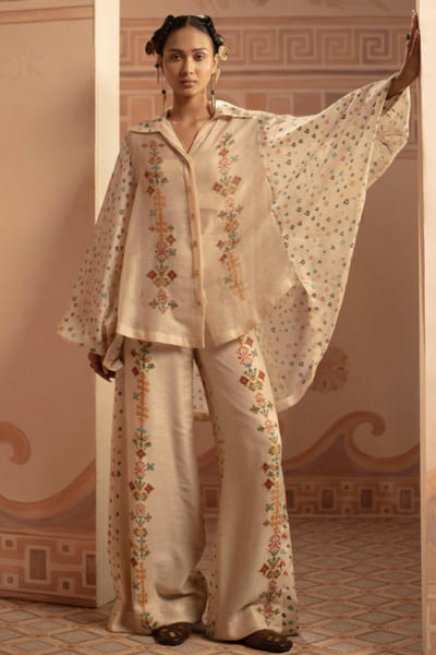 Anuradha Deb Ivory bead hand embroidered printed co-ord set ANURJUL26D149973