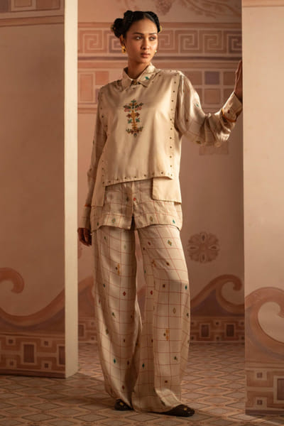 Anuradha Deb Ivory printed bead hand embroidered co-ord set ANURJUL26D149974