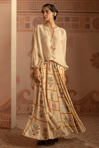Anuradha Deb Ivory printed bead hand embroidered skirt set ANURJUL26D149976
