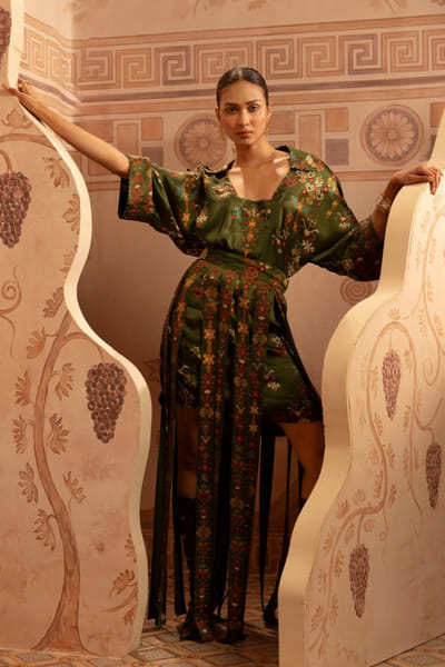 Anuradha Deb Olive printed bead hand embroidered skirt set ANURJUL26D149978