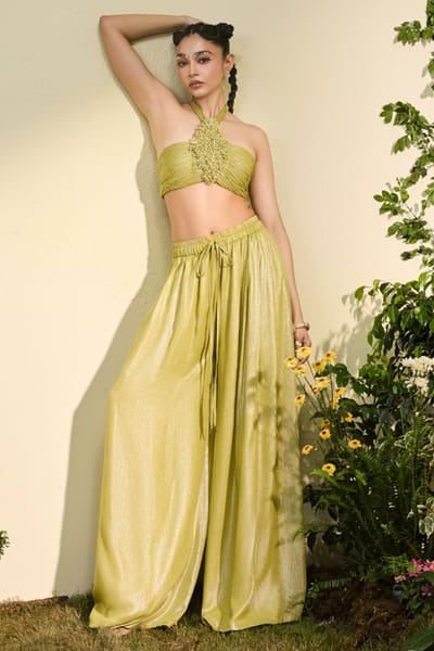 Esha Sethi Thirani Lime green chiffon blouse and pant set ESHAMAY26D144285