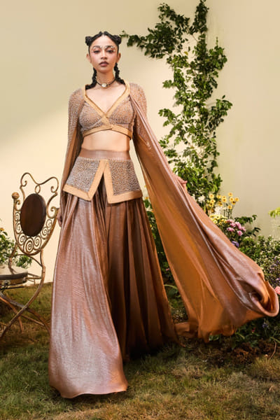 Esha Sethi Thirani Copper asymmetrical draped skirt set ESHAMAY26D144290