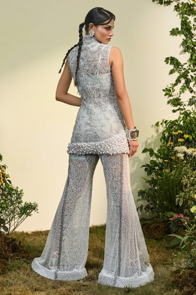 Esha Sethi Thirani Powder blue beaded pant sari set ESHAMAY26D144299