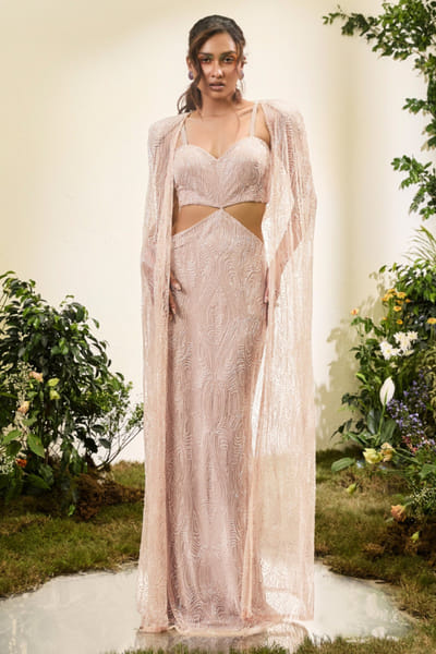 Esha Sethi Thirani Pale peach bead embroidered cape gown ESHAMAY26D144302