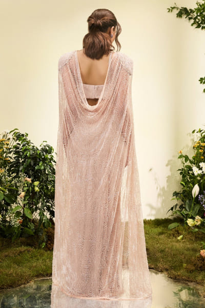 Esha Sethi Thirani Pale peach bead embroidered cape gown ESHAMAY26D144302