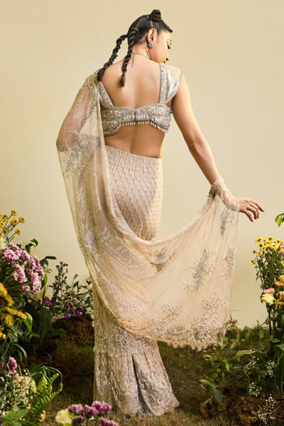 Esha Sethi Thirani Nude beaded pre drape sari set ESHAMAY26D144304