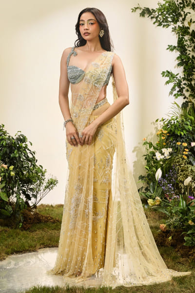 Esha Sethi Thirani Lemon yellow crystal pre drape sari set ESHAMAY26D144306