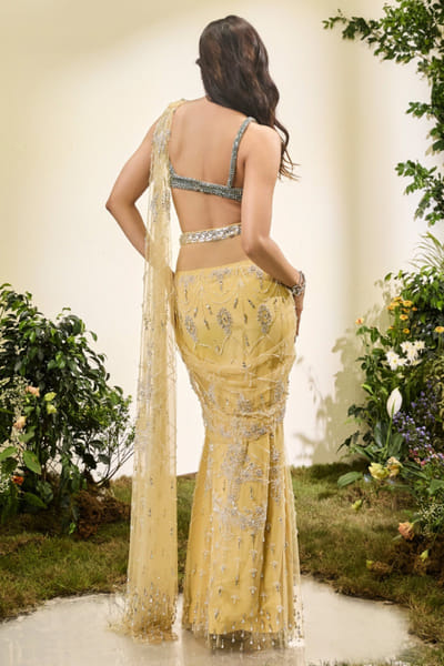 Esha Sethi Thirani Lemon yellow crystal pre drape sari set ESHAMAY26D144306