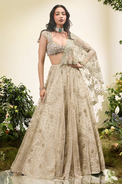 Esha Sethi Thirani Mint green cutwork sari lehenga set ESHAMAY26D144309