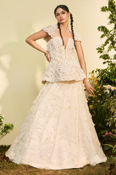 Esha Sethi Thirani Ivory appliqué peplum lehenga set ESHAMAY26D144310