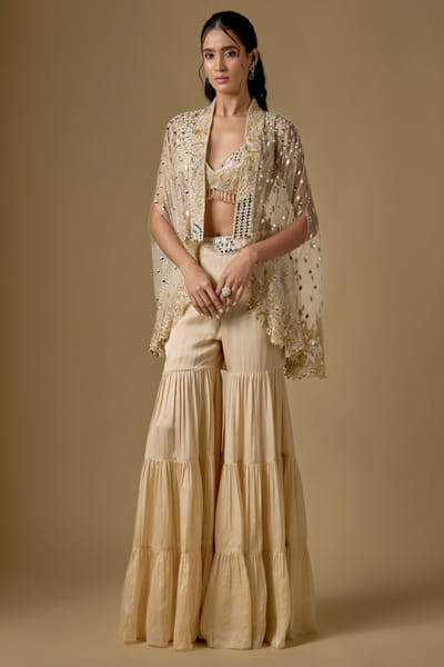 Beige embroidered cape set