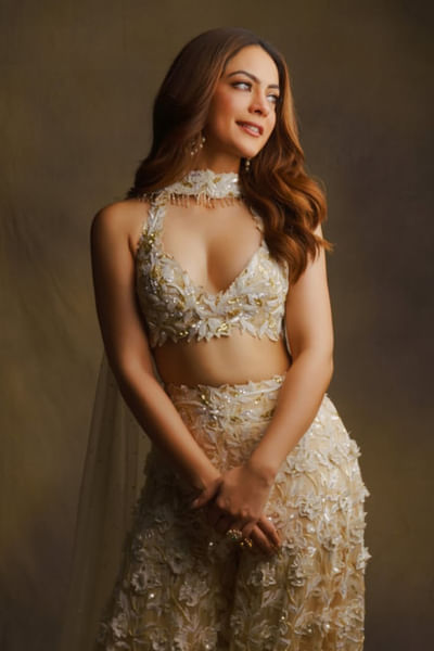 Ivory and beige hand embroidered sharara set