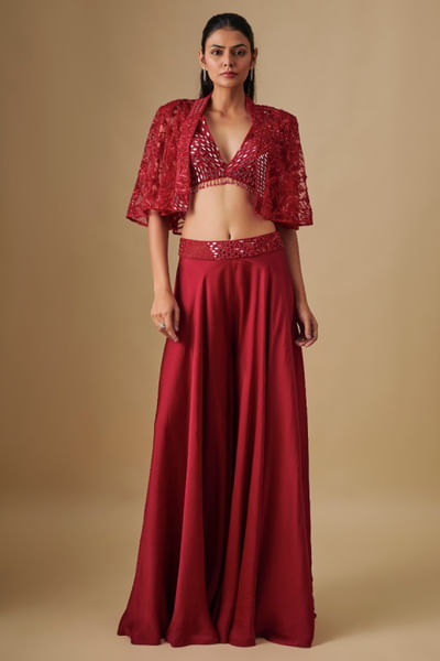 Red embroidered cape sharara set
