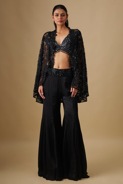 Black embroidered cape sharara set