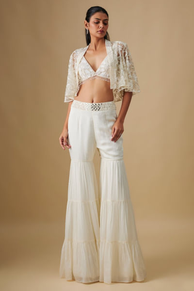 Ivory embroidered cape sharara set