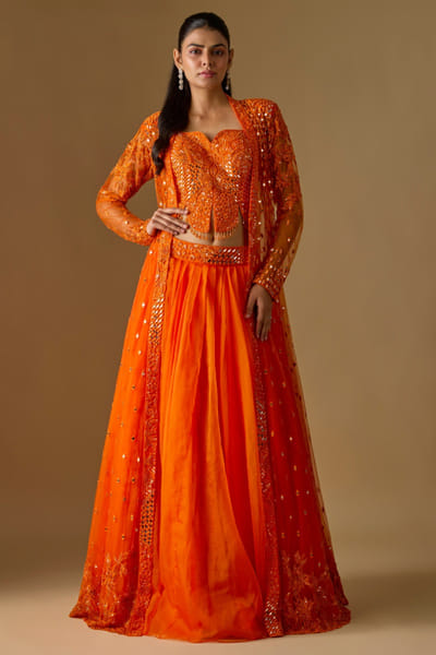 Orange embroidered corset and lehenga set