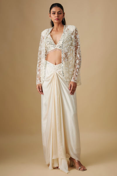 Ivory embroidered cape and draped skirt set