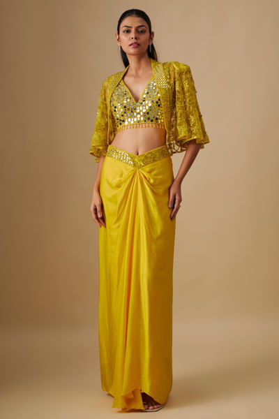 Yellow embroidered cape and draped skirt set