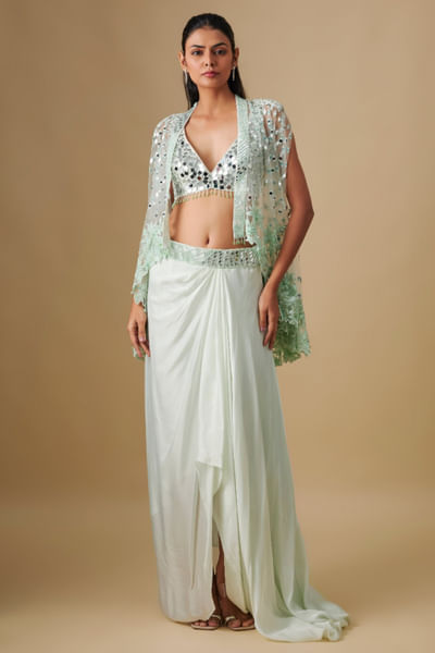 Mint embroidered cape skirt set