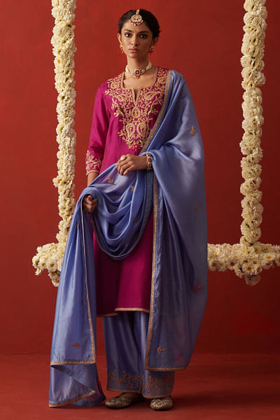 Blue resham embroidered dupatta
