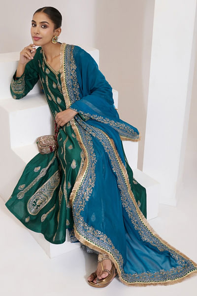 Green zari embroidered anarkali set