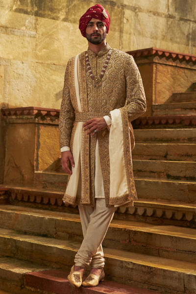 Gold cutdana embroidered sherwani set