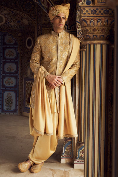 Gold patra embroidered sherwani dhoti set