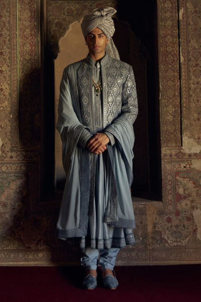 Grey zari and patra embroidered sherwani set