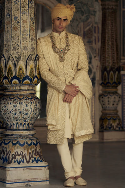 Nitika Gujral Gold tonal resham and dabka sherwani set NIKSEP25D132858
