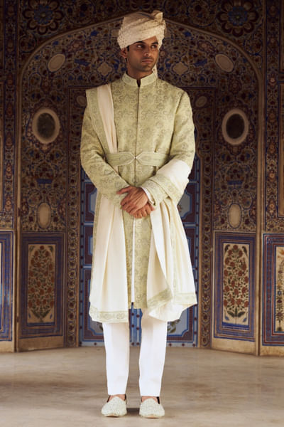 Mint tonal resham embroidered sherwani set