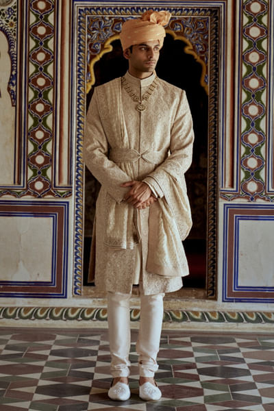 Mushroom resham embroidered sherwani set