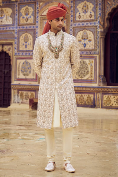 Light beige kasab embroidered sherwani set