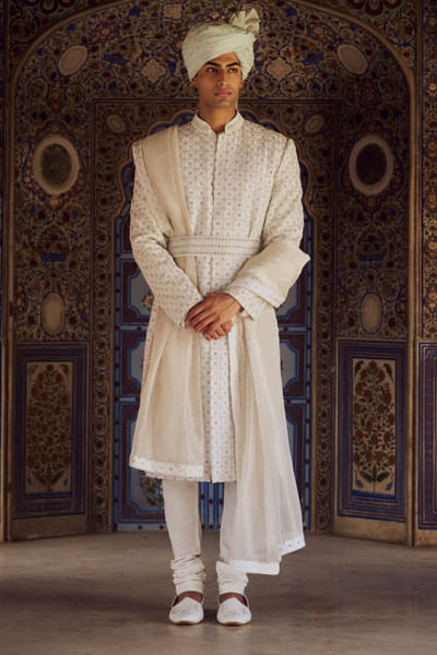Ivory geometric resham embroidery sherwani set
