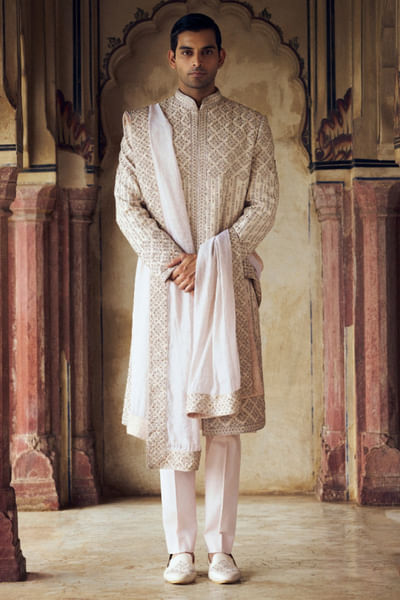 Blush pink kasab embroidered sherwani set