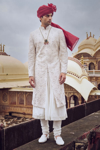 Ivory tonal resham embroidered sherwani set