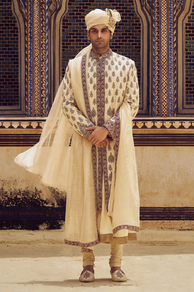 Beige applique-zardozi embroidery sherwani set