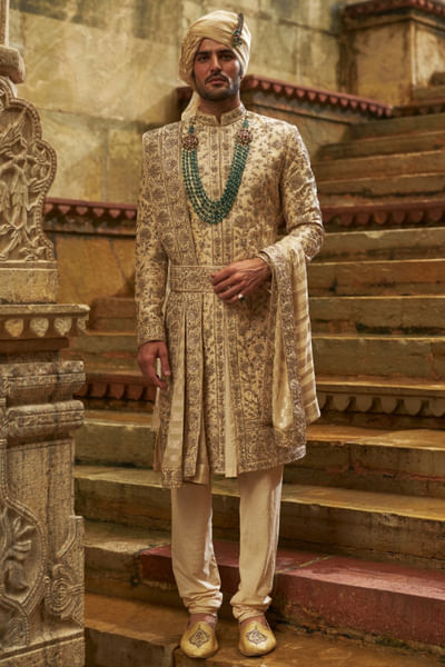 Cream zardozi embroidered sherwani set