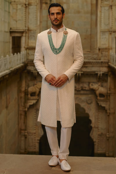 Ivory geometric embroidered sherwani set