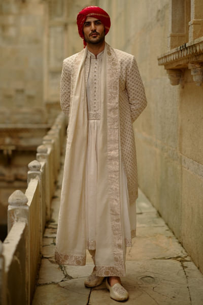 Cream embroidered sherwani set
