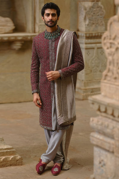 Burgundy sequin embroidered sherwani set