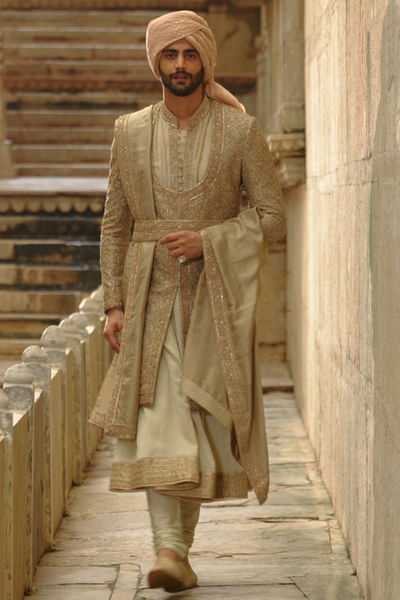 Olive green embroidered angrakha sherwani set