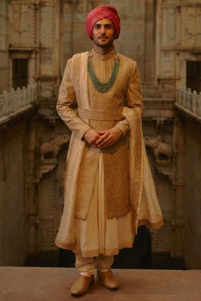 Salmon embroidered sherwani set