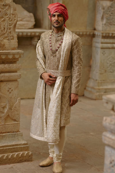 Gold zari embroidered sherwani set