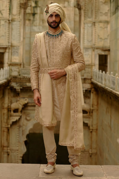 Gold dabka embroidered sherwani set