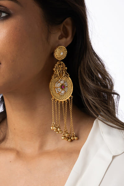Gold chain-bead embellished drop earrings