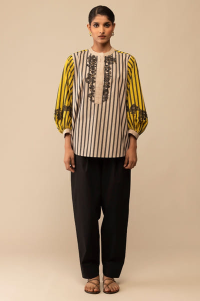 Mustard and beige striped poplin shirt