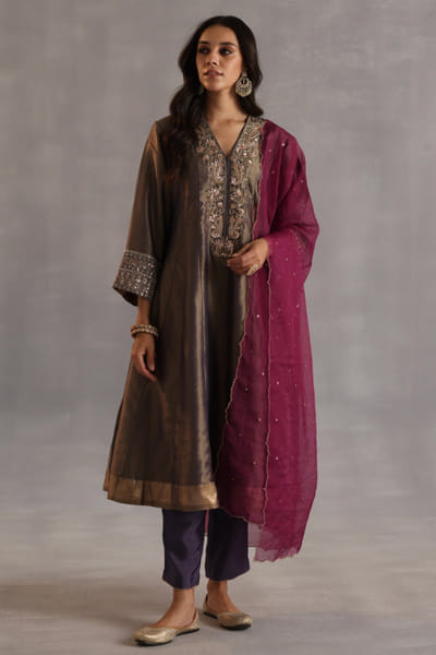 Grey hand embroidered kurta set