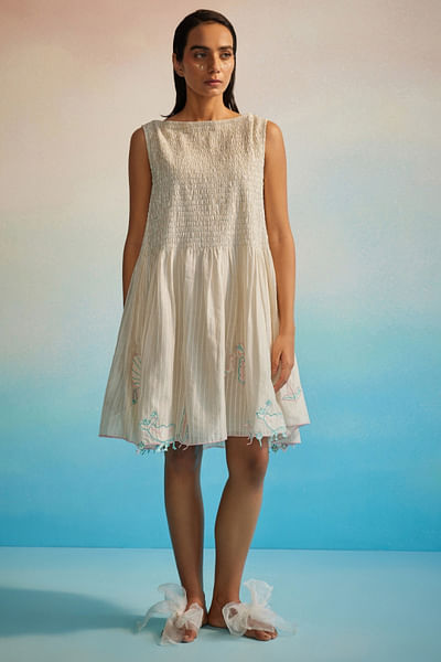 Ivory appliquéd and ruched dress